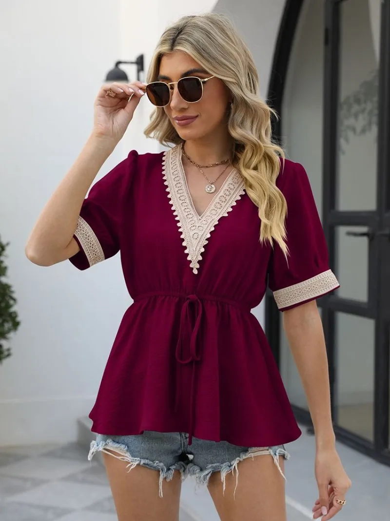 

Summer Elegant Blouses For Women New Fashion Lace-up V Neck Short Office Work Lady Shirt Plus Size Casual Blouse Tops