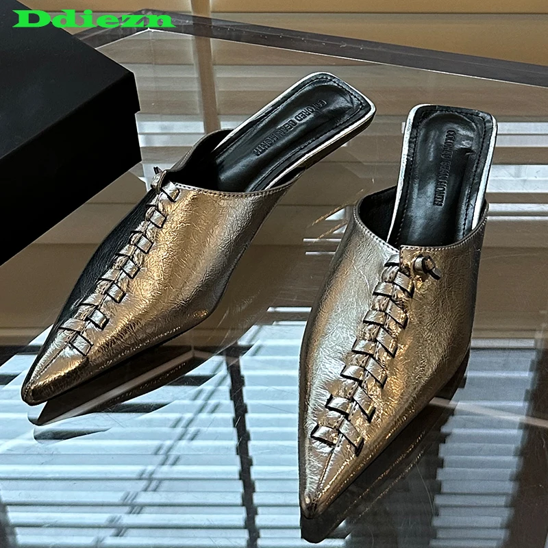 

Women Pumps Female Shoes Mules Thin High Heels 2023 Summer Fashion Pointed Toe Ladies Sandals Slides Footwear Weave Slippers