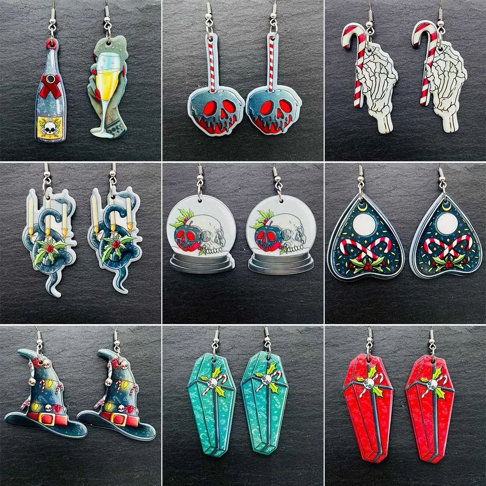 

Christmas Halloween Acrylic Earrings Skeleton Head Wine Bottle Coffin Wizard Hat Dangle Drop Earrings for Women Holiday Jewelry