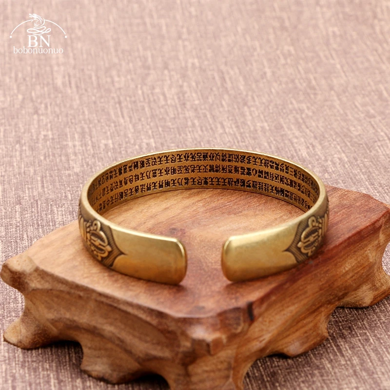 Vintage Buddhist Sutra Copper Bangle Six-character Mantra Opening Couple Scripture Bracelet Religious Vajra Pestle Pattern Lucky |