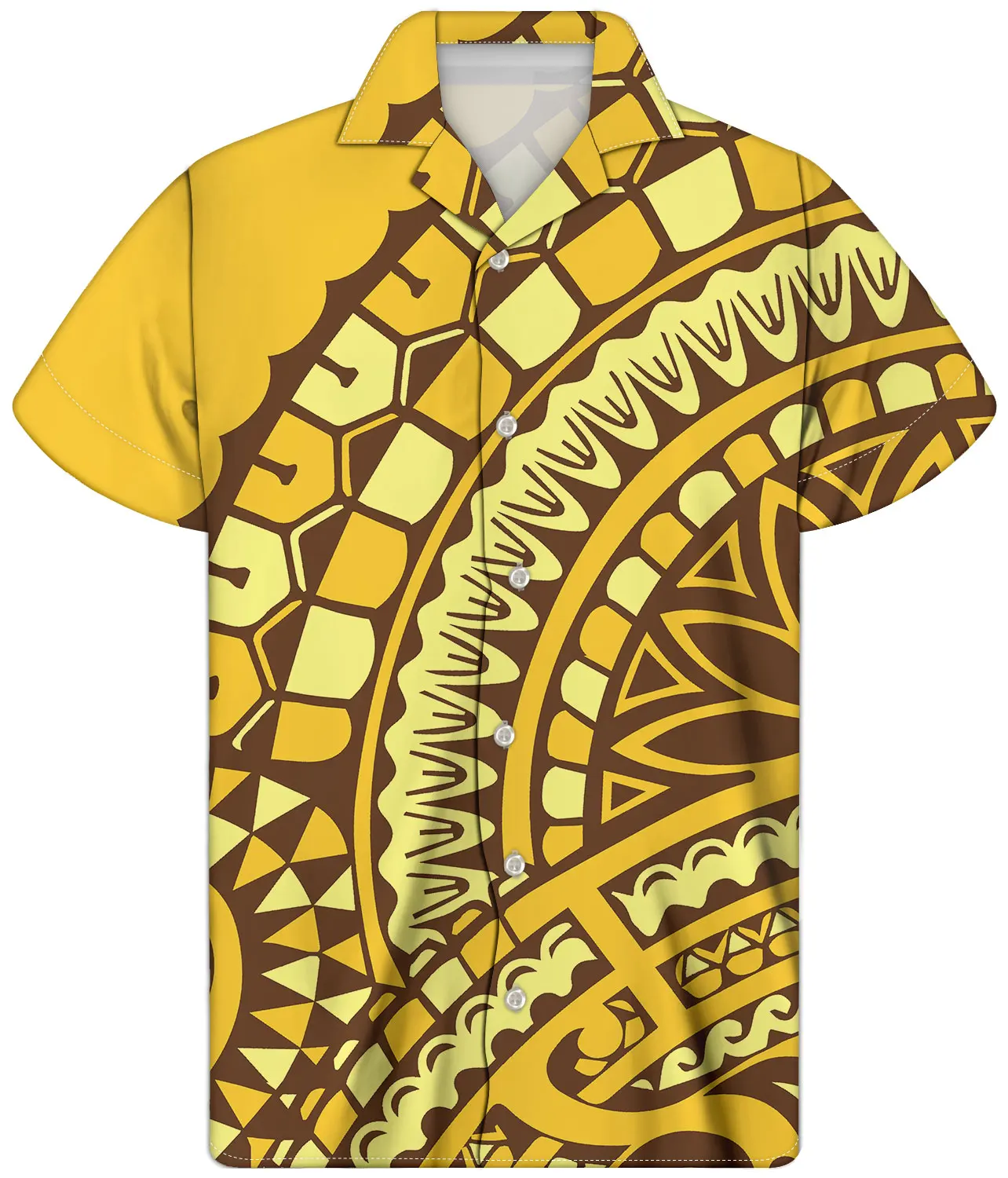 

New Design Men's Lapel Fashion Short Sleeve Custom Gold Background With Stripe Prints Lightweight Men's Button Shirt Beach Party