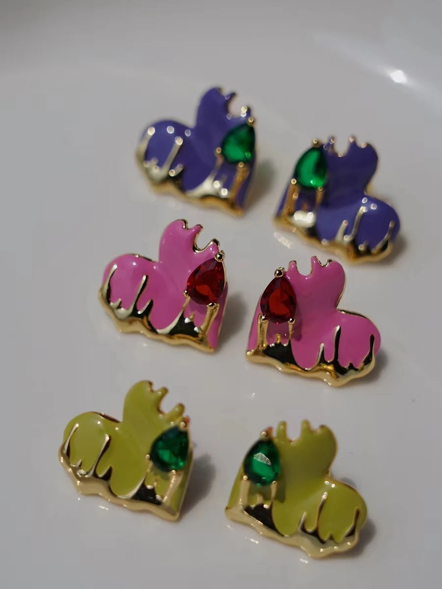 

Korea Copper Summer Enamel Dripping Oil Green Zircon Metal Heart Geometric Stud Earring for Women Girl Party Travel Jewelry Gift