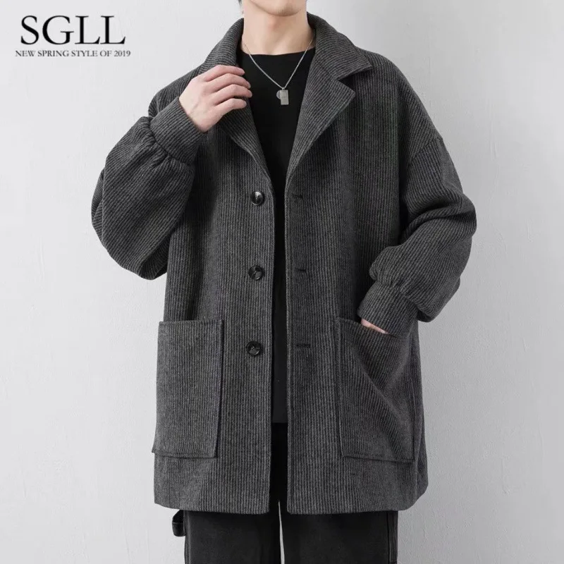 Corduroy woolen coat Men's winter mid-length over-the-knee windbreaker trend woolen coatMen's winter jackets parkas Man coat