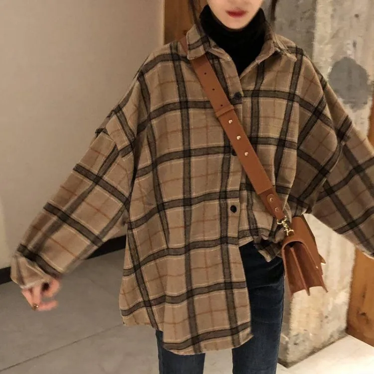 

Women Autumn Winter Long Sleeve Blouse Fleece Shirts Loose Female Plaid Blouse Casual Street Lady Korean Oversized Top