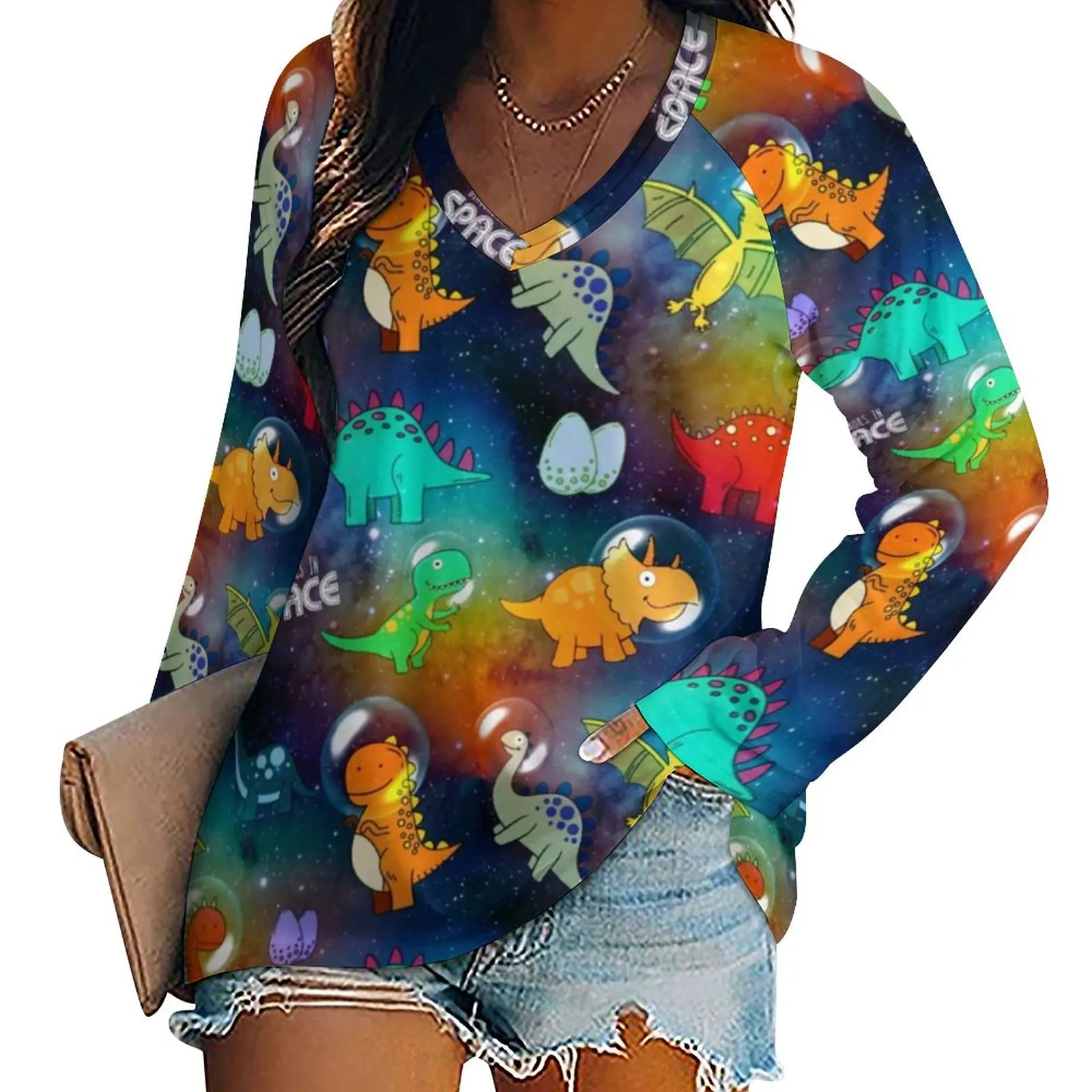 

Space Dinosaur Print T-Shirt Colorful Animal Elegant Long Sleeve T Shirts Women V Neck Streetwear Tshirt Oversize Printed Tees