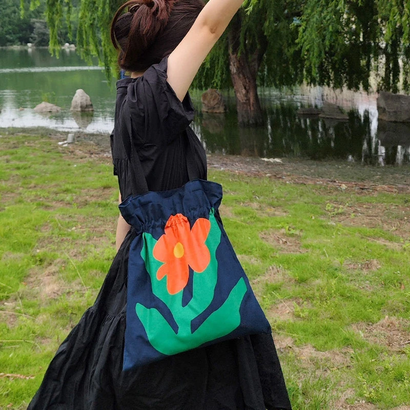 Women's Drawstring Shoulder Tote Bag Creative Casual Large Capacity Shopper Canvas Bag Simple Trendy Underarm Bag