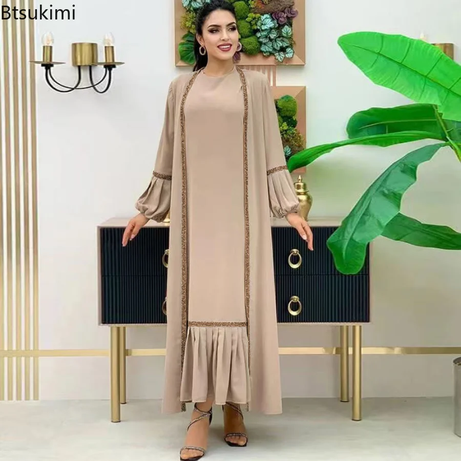 2 Piece Set Muslim Women Hijab Dress Eid Lantern Sleeve Maxi Long Dress Islamic Clothing Caftan Kimono Big Swing Abaya Dresses