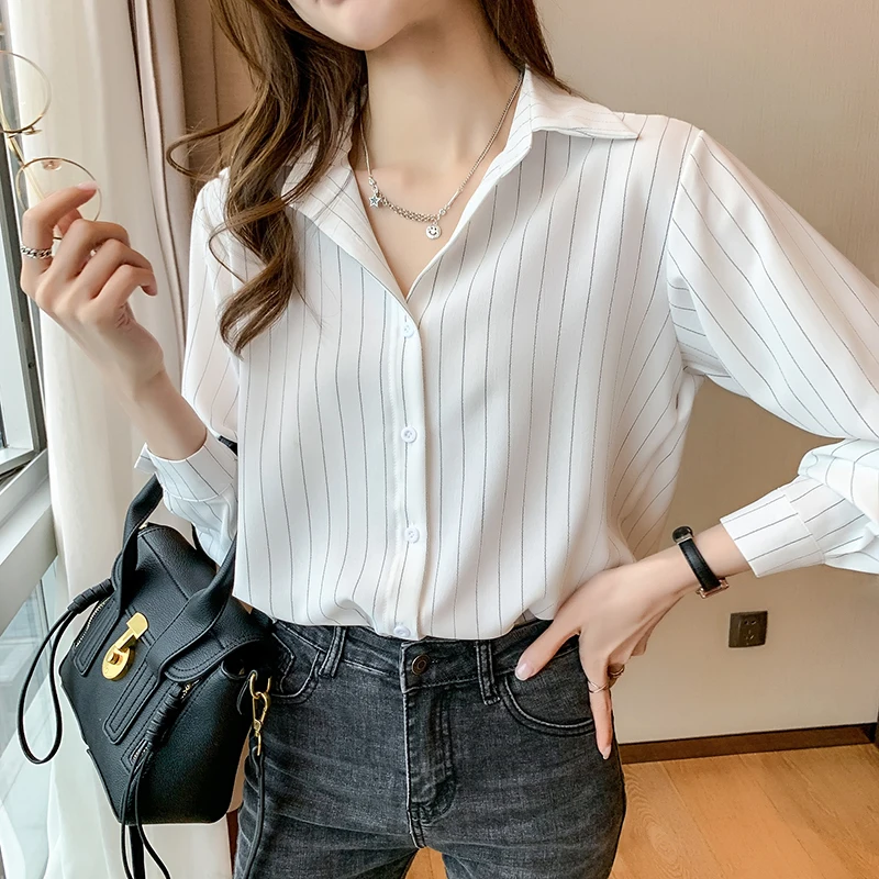 

QOERLIN Fashion Woman Blouses 2022 Chiffon Long Sleeve Shirt Tops Button Up White Blouse Shirts Striped Blue Office Ladies S-XXL