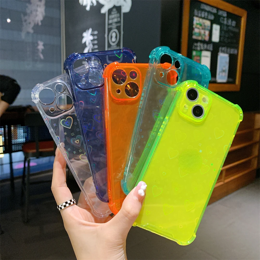 

Reflective Holographic Love Heart Case For iPhone 13 12 11 Pro Max Mini XS X XR 7 8 Plus SE 2020 Soft Clear Buffer Cover