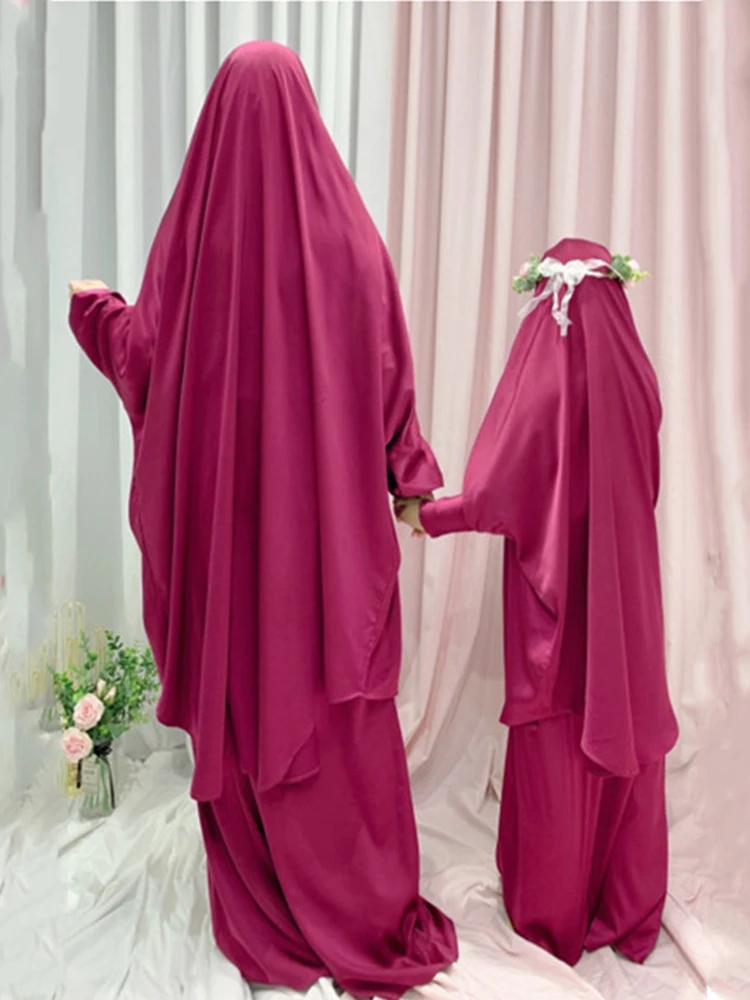 

Ramadan Muslim 2 Piece Set Mommy Kids Prayer Garment Hijab Dress Jilbab Women Hooded Abaya Full Cover Niqab Islam Dubai Eid