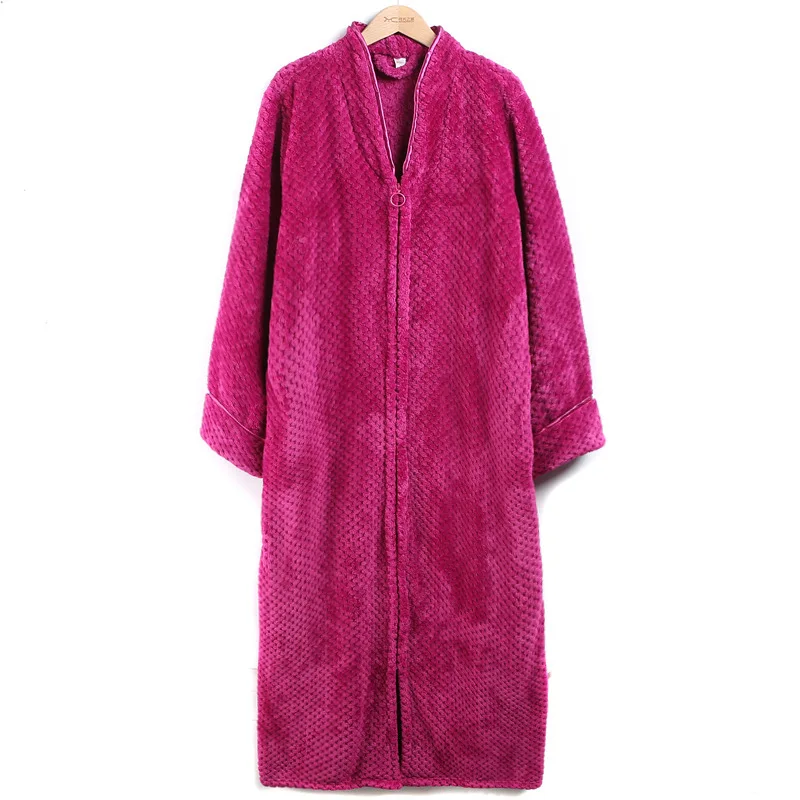 Long-sleeve Velvet Robes Flannel Zipper Men Women Sleepwear Dressing Gown Plus Kimono Winter Warm Long Bathrobe Coral Fleece