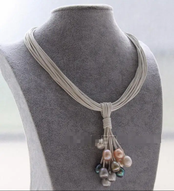 Лидер продаж, свадебное ювелирное изделие для женщин, новинка, 15 нитей, кожаный, белый, розовый, черный, серый чокер с жемчужинами, ожерелье с кулоном