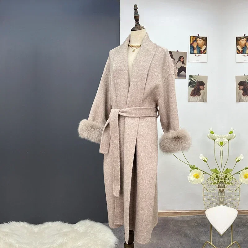 

Женская Длинная зимняя куртка FURYOURSELF, кашемировое пальто с отложным воротником и манжетами из съемного лисьего меха, новинка 2023
