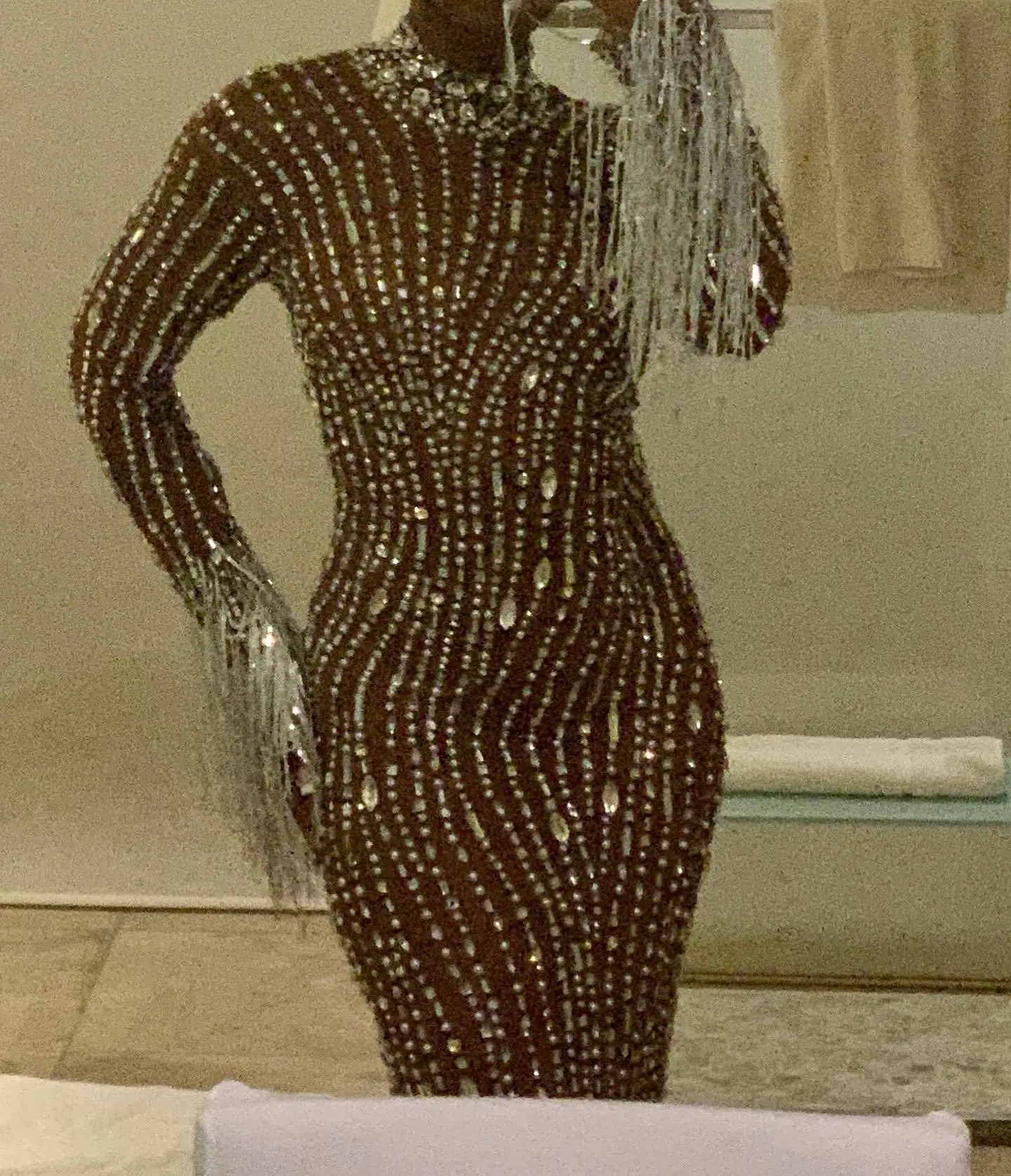 Sparkly Silver Big Rhinestone Transparent Long Dress Evening Birthday Celebrate Luxurious Costume Dancer Flashing Dress