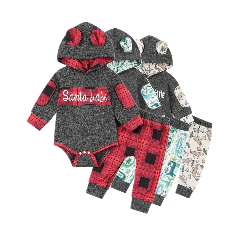 

New Born Baby Boy Clothes 2Pcs Plaid Pattern Outfits Contrast Color Letter Long Sleeve Hooded Bodysuit Elastic Waist Trousers