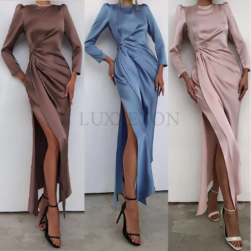 

Spring/Autumn New Satin Dress Women Fashion Slit High Waist Long Bandage Vestido Female Casual Long Sleeve Solid Maxi Dress