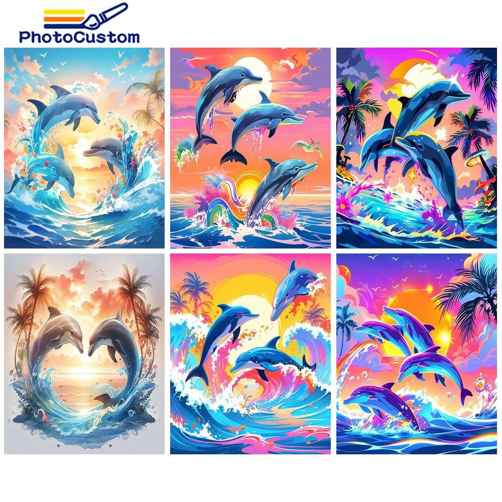 Фото PhotoCustom Diy краска по номерам для взрослых холст Дельфин акриловые картины рисунок по номерам животные украшения дома художественный набор №1