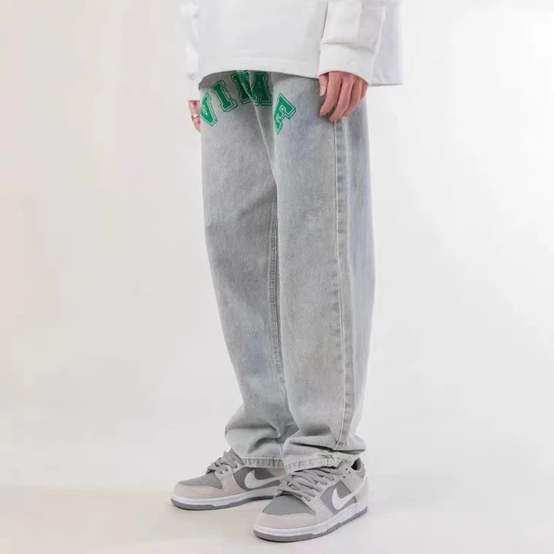 Four seasons new men's jeans loose straight print hip hop street retro trousers fashion streetwear trend men ins hot sale JEANS