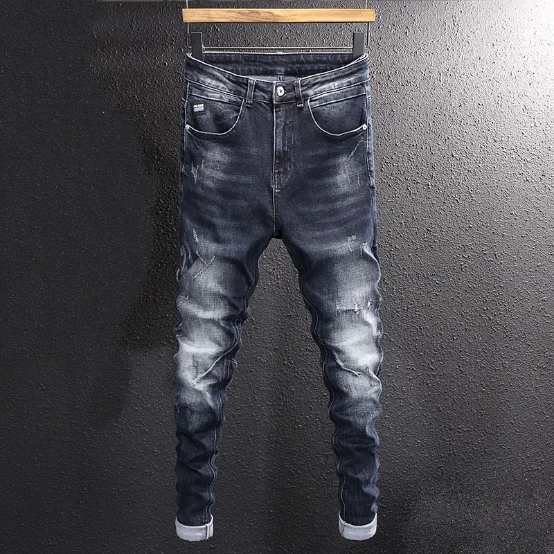 

Fashion Streetwear Men Jeans Retro Black Blue Stretch Slim Fit Ripped Jeans Men Spliced Designer Printed Hip Hop Pants Hombre