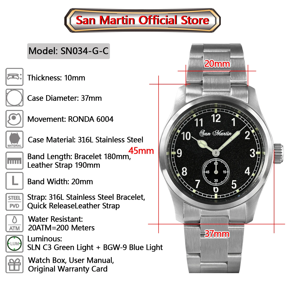 San Martin 37mm Pilot Watch RONDA 6004 Luxury Men Quartz Wristwatch Military Simple Wristwatches 20Bar Luminous Reloje SN034-G-C - купить по