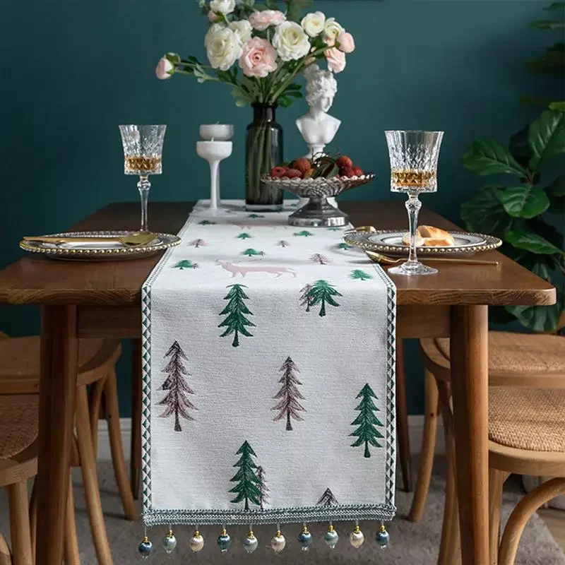 

Merry Christmas Elk Xmas Tree Table Runner Chenille Tassel Table Cloth Home Party Festival Decoration Ornaments 2021 New