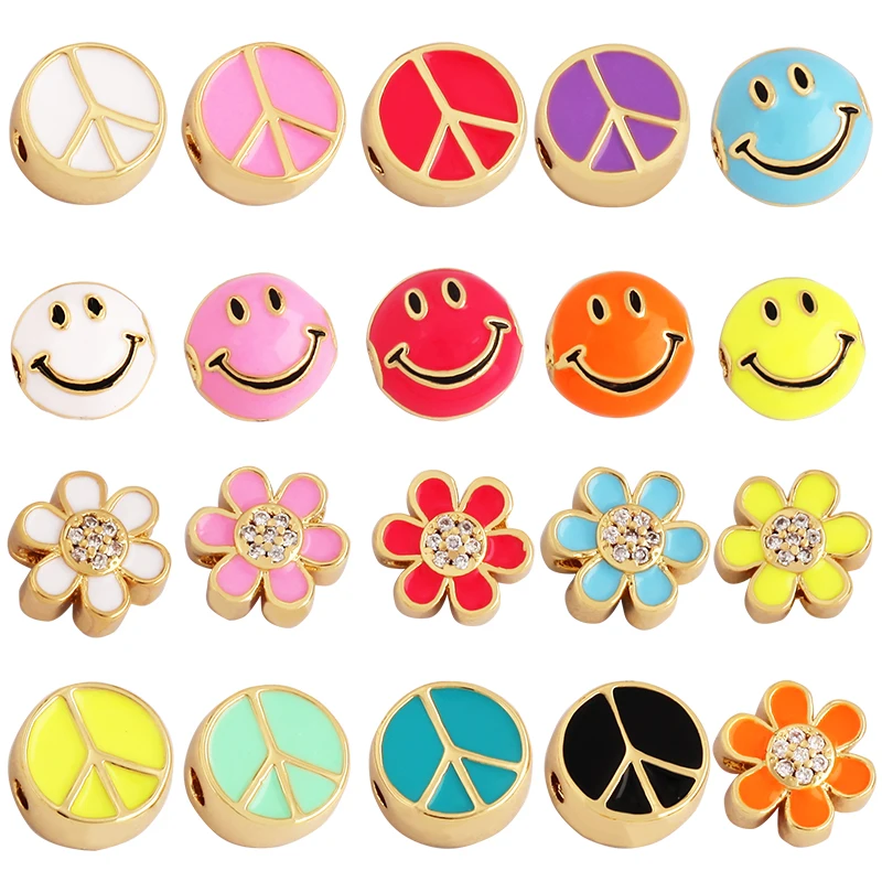 

Peace Sign Happy Smile Face Flowers Enamel Bead,10mm Gold Brass Colourful DIY Bracelet Components Accessories Wholesale Supplies