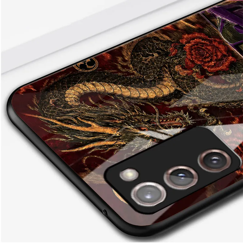 Фото Черный чехол для Samsung Galaxy Note 20 Ultra 5G 10 Plus 9 8 с закаленным стеклом, чехол для телефона M12 J7 Prime, неоново-белый, с изображением дракона и луны. №5