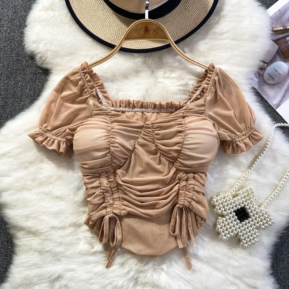 

Hot Sweet Bubble Sleeve Square Neck Crop Top Shirring Chiffon Tank Camisole Women Fashion Slim Tops Medium Stretch Lacing Shirt