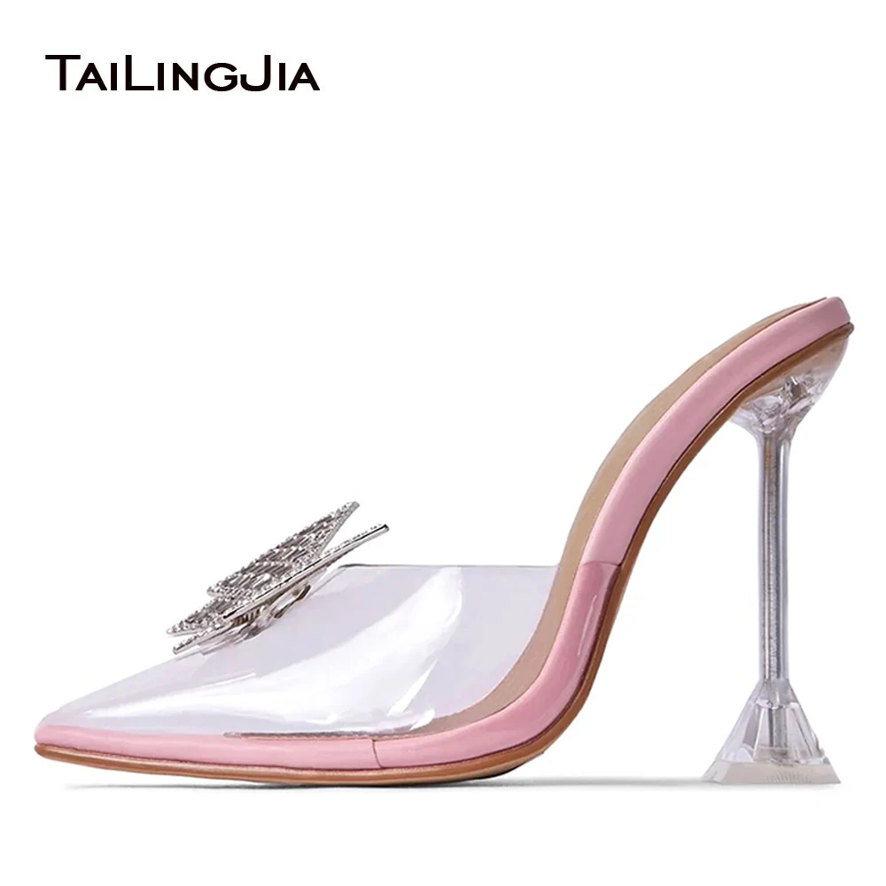 

Summer Ladies Slip On Shoes Elegant Pointed Toe Mules Clear PVC With Glitter Rhinestone Butterfly Accessories High Heels Slipper