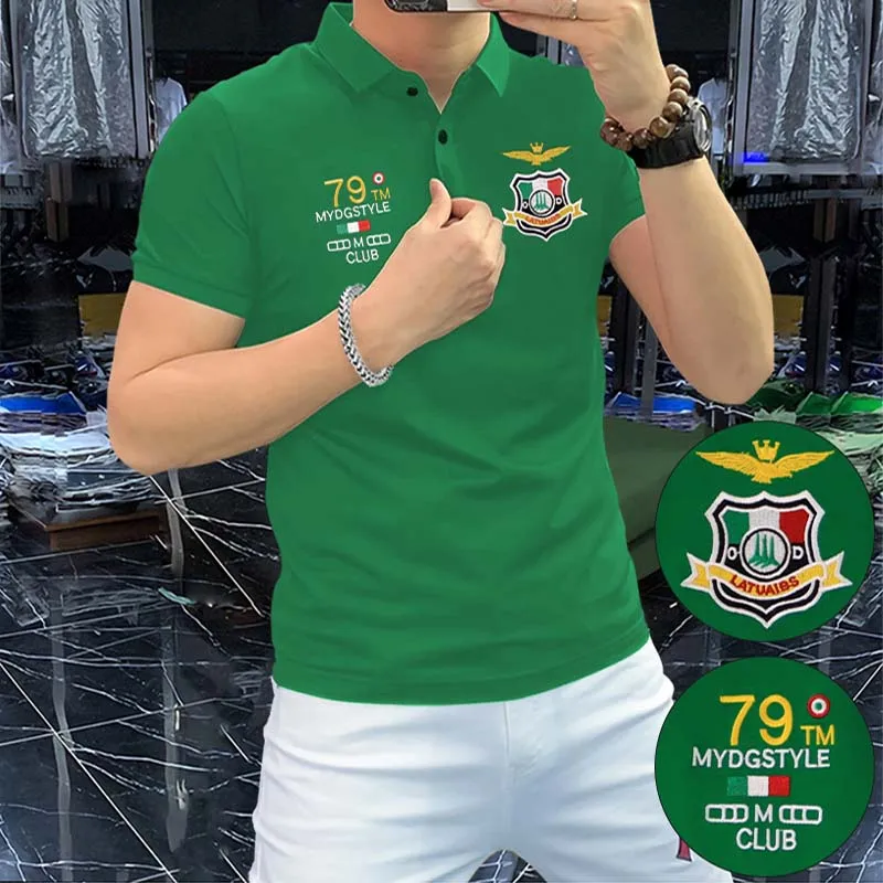 Футболка мужская с вышивкой модная рубашка-поло воротником лацканами деловая