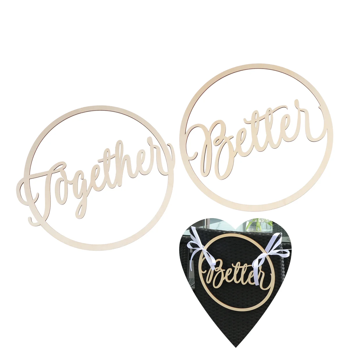 

2pcs Round Wedding Chair Signs Wooden Better Together for Bride and Groom Wedding Chairs Hanging