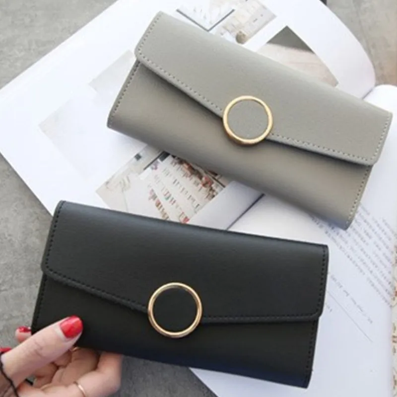 

PU Casual Ladies Long Round Buckle Wallets Clutches Long Tri-fold Card Slot Coin Purses Card Holders