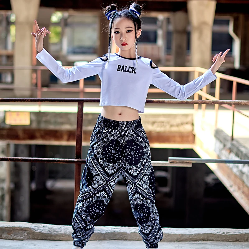 

Jazz Street Dance Outfits For Girls White Crop Tops Loose Pants Suit Children Hip Hop Dance Clothing Performance Wear DN11719