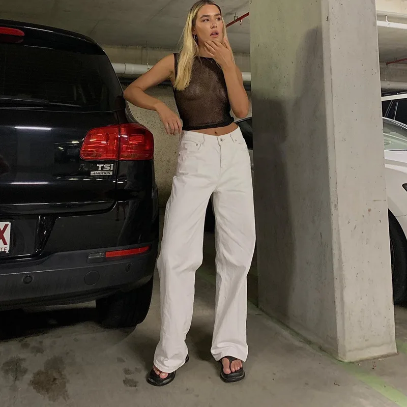 

Cutistation Solid White Jeans for Women 2022 Spring Summer Streetwear Casual Denim High Waist Wide Leg Pants 90s Aesthetic