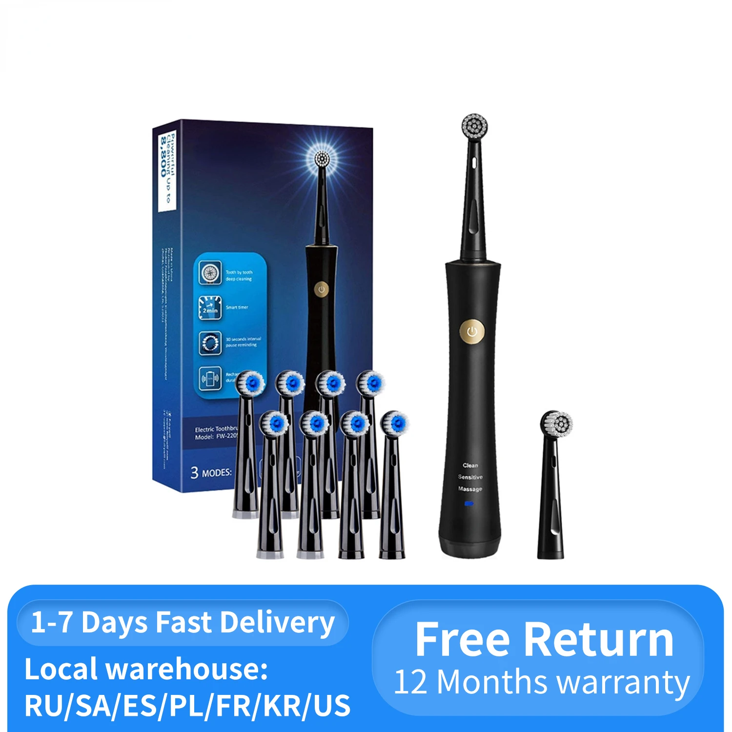 Sonic Toothbrush FW-2205 Electric Toothbrushes Kids Timer Rechargeable Whitening with 10 Brush Heads for Adults