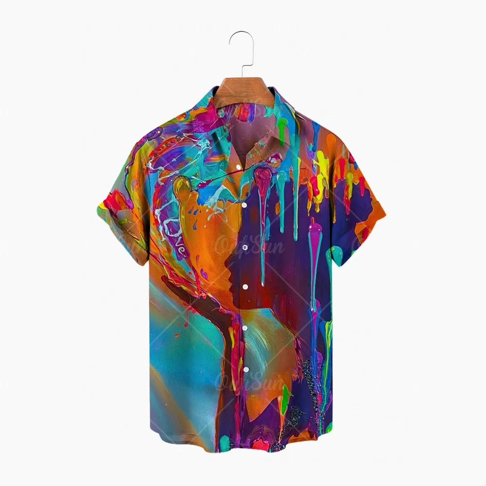 Men's shirt Oil painting Printed Short sleeve lapel men's shirt fashion slim Hawaiian beach shirt