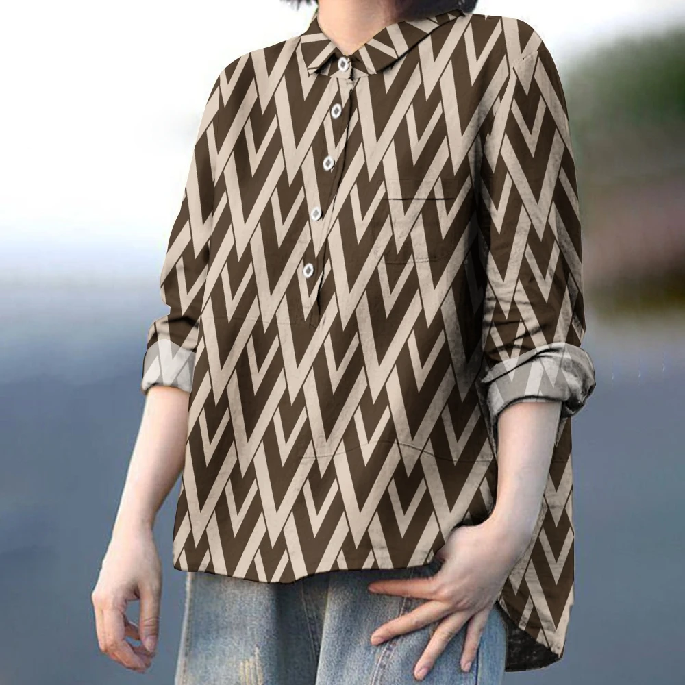 Женская Классическая полосатая рубашка коричневая и бежевая в полоску блузка