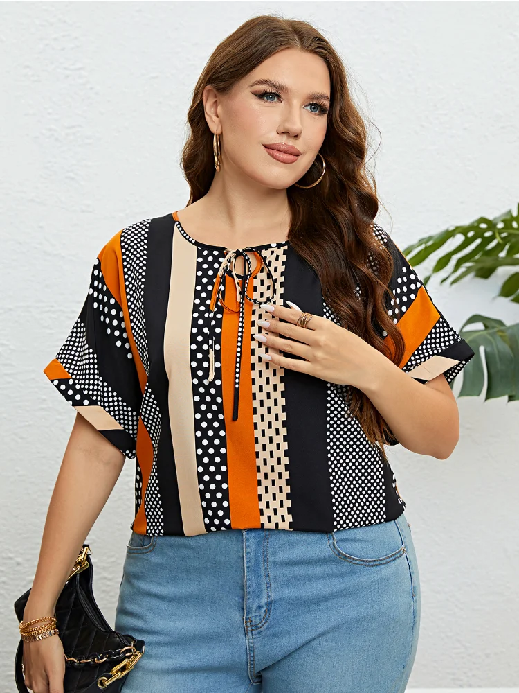 Summer patchwork crewneck loose women's top plus size women clothing women tops and bloues