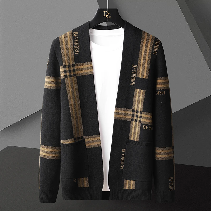 

Fall Winter Fashion Men's Slim Fit Knitted Cardigan High-end Business Striped Plaid Sweater Men Leisure Luxury Cardigans Jackets