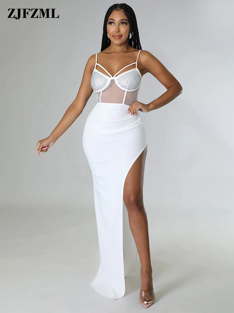 

Seductive Shiny Mesh Diamond See Through Dress Sexy Woman Birthday Nightclub Party Outfits Spaghetti Strap Side High Split Robe