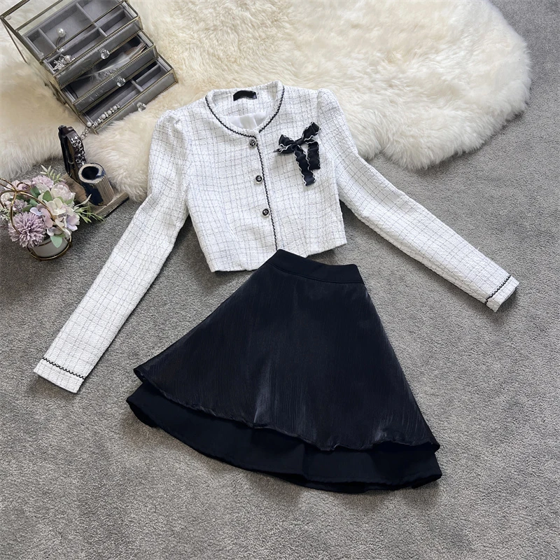 

Autumn Skirt Sets for Women Elegant Straight Tweed Long Sleeve Plaid Jacket + A-Line Ruffles Mini Dress Vintage Female Two Piece