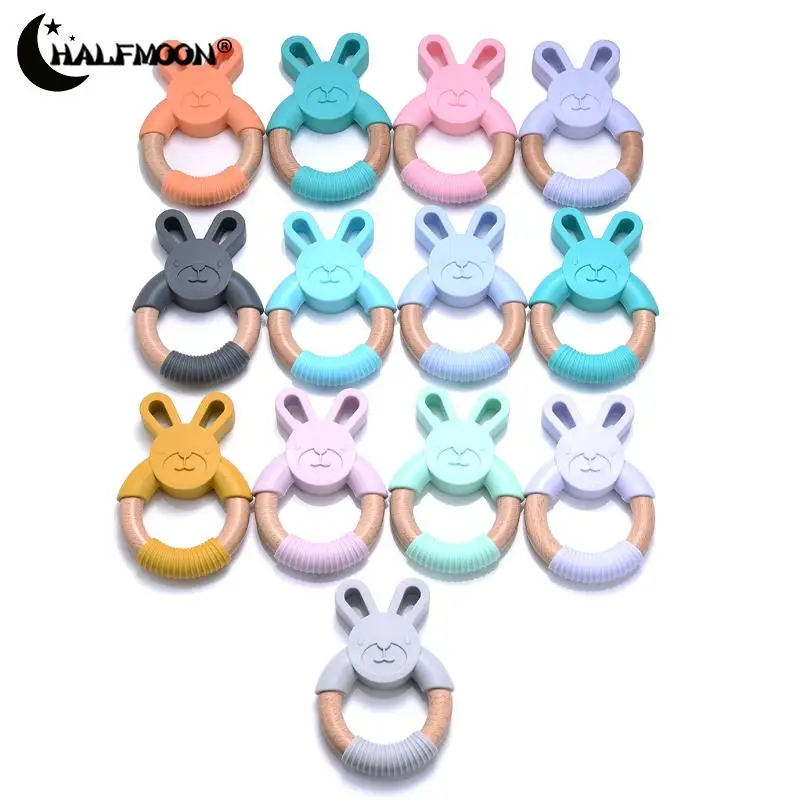 

1Pcs Rabbit Ears Baby Silicone Teether Food Grade Wooden Teething Pendant Necklace DIY Baby Pacifier Chain Shower Gifts BPA Free