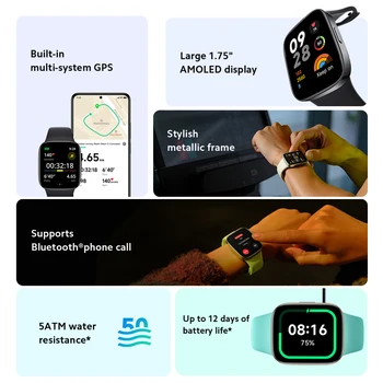 In stock Global Version Xiaomi Redmi Watch 3 Smart Watch Supports Bluetooth®️ phone call Large 1.75" AMOLED display 5ATM 2