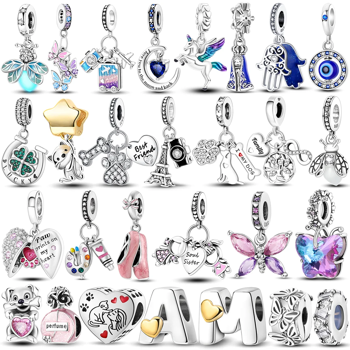 2025 vendita calda charms tallone 925 sterling silver rosa farfalla luminosa lucciola ciondola braccialetto adatto collana gioielli fai da te