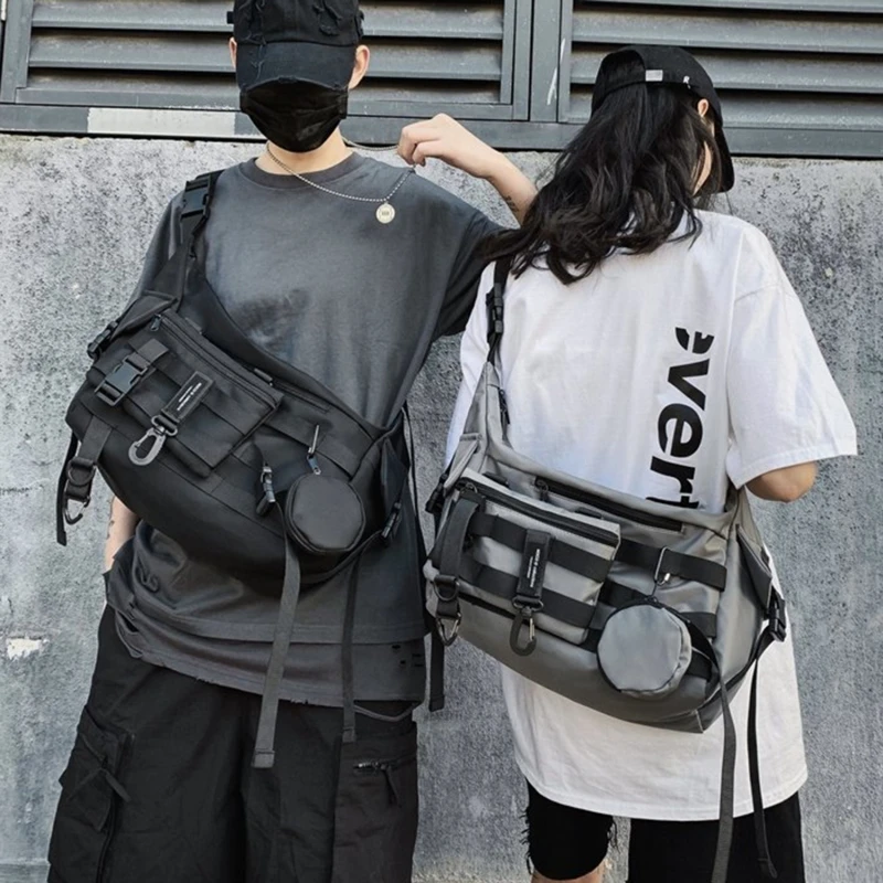 

Сумка-почтальонка через плечо для мужчин и женщин, готическая Черная Нейлоновая Сумочка-тоут через плечо, в стиле хип-хоп, Techwear