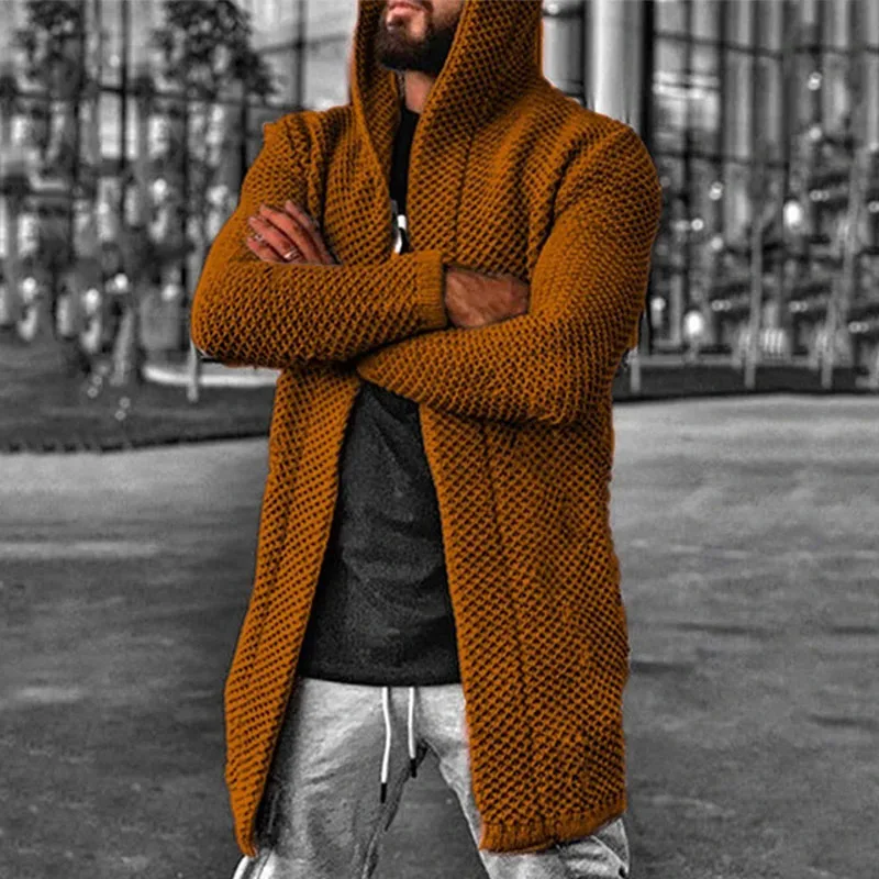 

Autumn Winter Hooded Sweater Coat Men Fashion Long Sleeve Solid Knittd Cardigan Casual Mens Loose Outwear New Long Hooded Tops