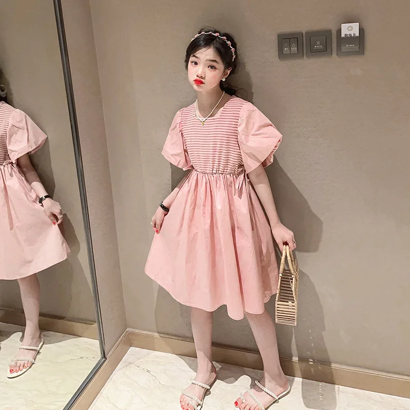 

Girls' summer striped dress 2023 new fashionable foreign style summer thin puff sleeve princess dress