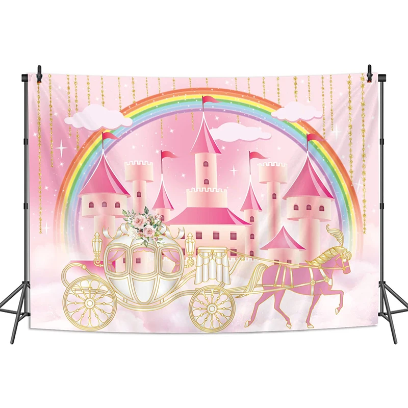

Pink Castle Floral Carriage Photography Background Pink Princess Girl Glitter Gold Carriage Dream Castle Birthday Party Backdrop