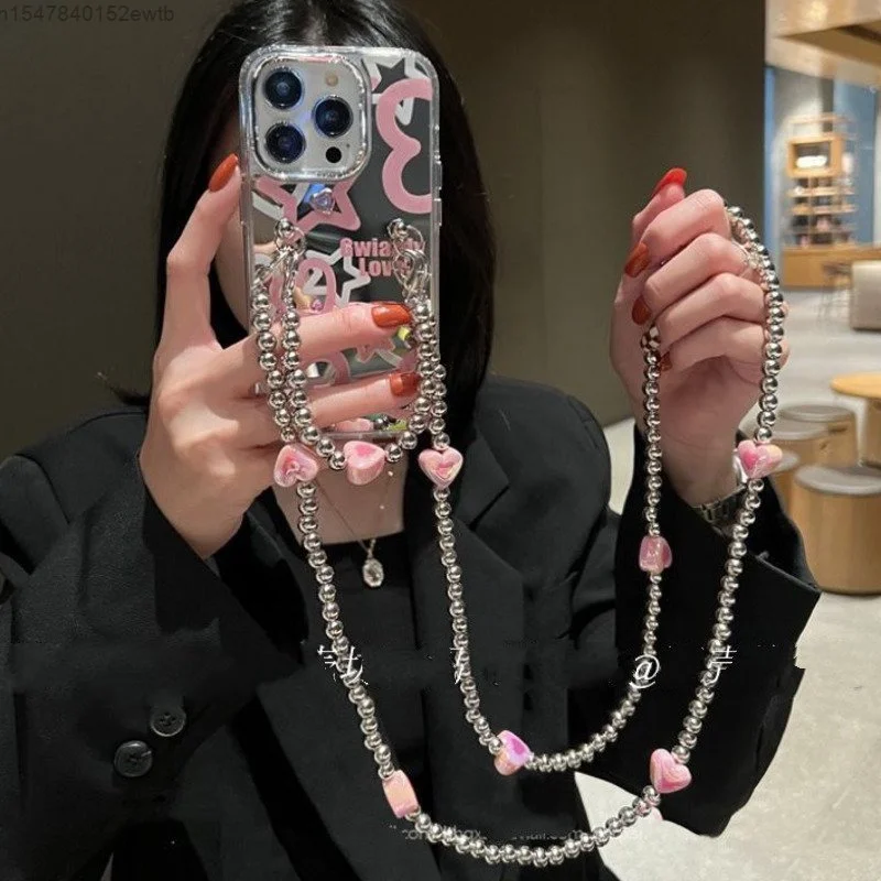 

Blue Pink Love Star Electroplated Mirror Fashion Crossbody Phone Case With Strap Chains For iPhone 14 13 12 11 Mini Pro Max