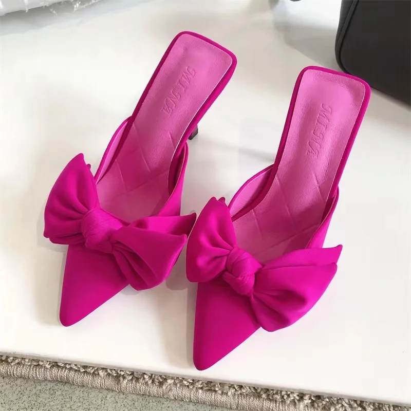 

High Heel Women's Mules Shoes With Bow Summer 2023 Trend Korean Pointed Toe Slippers Women Sandals Outdoor Design Plus Size 43